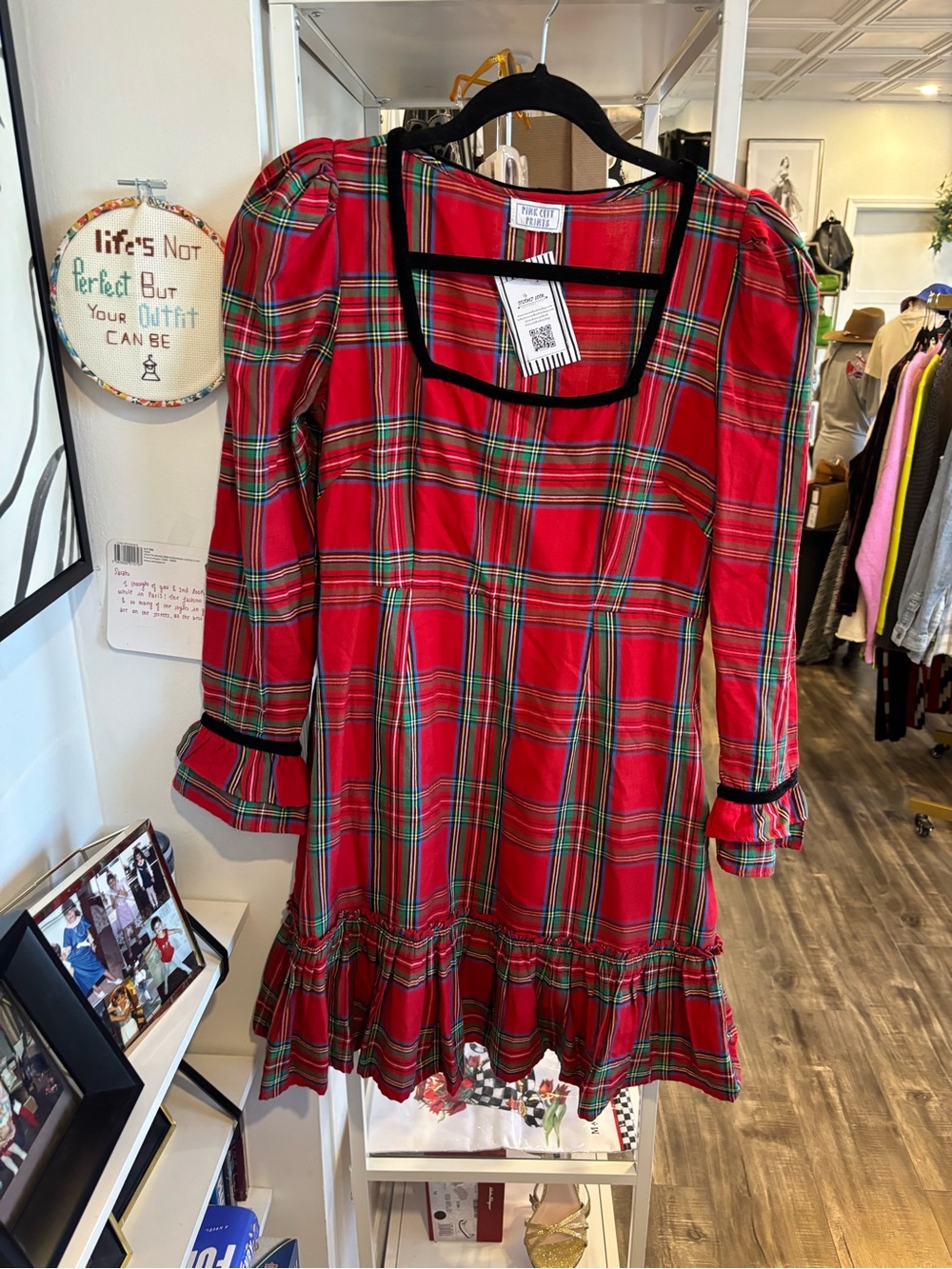 Pink City Prints Red Plaid Square-Neck Ruffle velvet Hem Midi Dress